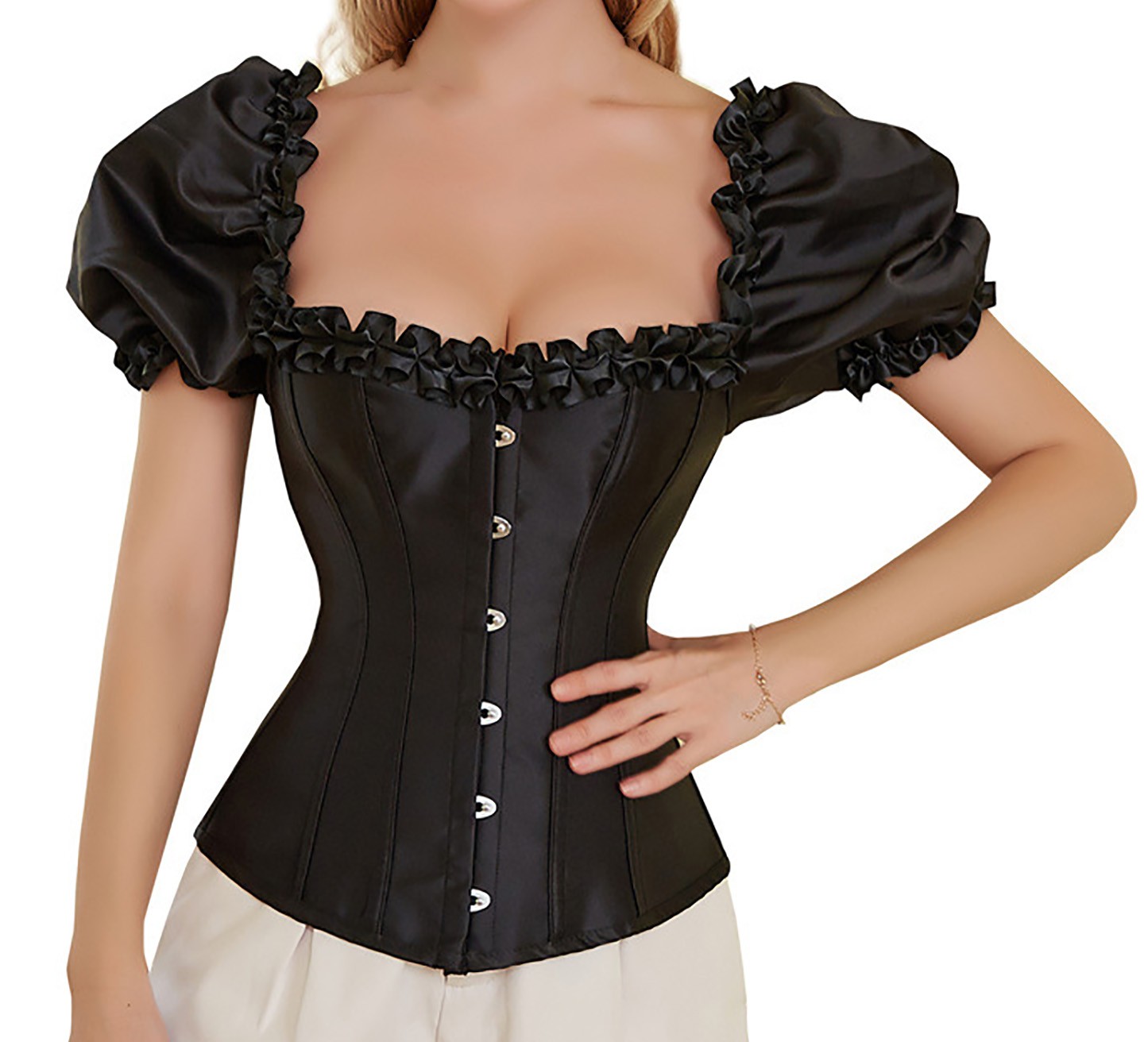Womens Top Drawer Steel Boned Black Velvet Overbust Corset W/Sleeves